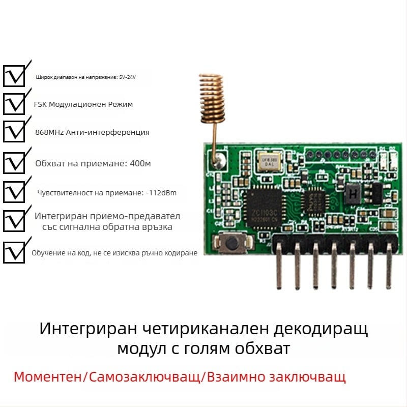 Безжичен приемно-предавателен модул с интегрирано дистанционно управление за система за сигурност, 868 MHz