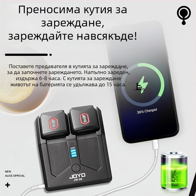 JOYO JW-06 Безжичен предавател и приемник за електрическа китара с преносим заряден кейс
