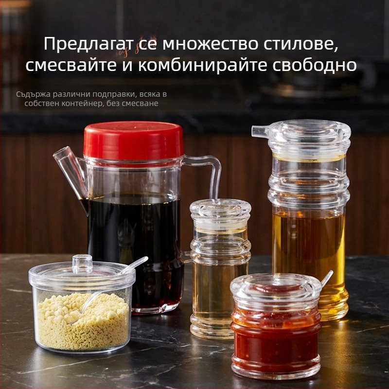 Акрилна бутилка за оцет и пластмасов комплект подправки за ресторанти с пиперница и кутия за подправки