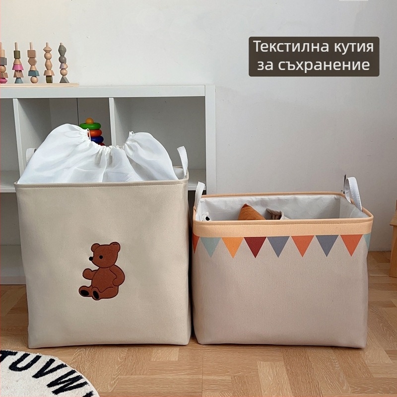 Голям капацитет: Текстилна кутия за съхранение с мультяшен дизайн, прахозащитна, за детски играчки и дрехи; преносима за гардероб и общежитие
