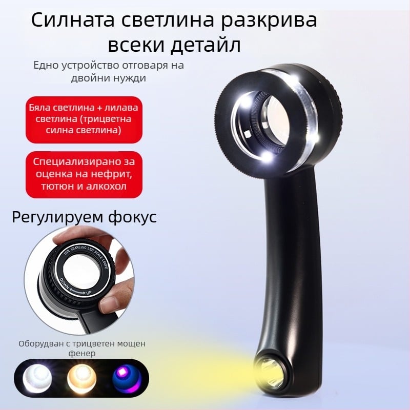 Презареждаща се лупа с силно осветление и UV светлина за идентифициране на бижута и нефрит, макро осветление за детекция