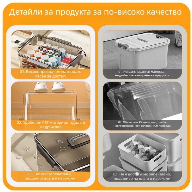 Пластмасова прозрачна кутия за съхранение с голяма вместимост за дрехи, играчки, закуски и книги