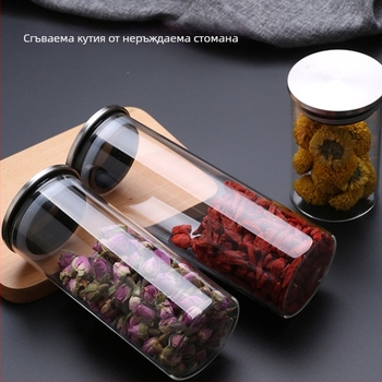 Стъклен буркан за съхранение с боросиликатно стъкло, капак от бамбук, прозрачен съд за чай в различни размери