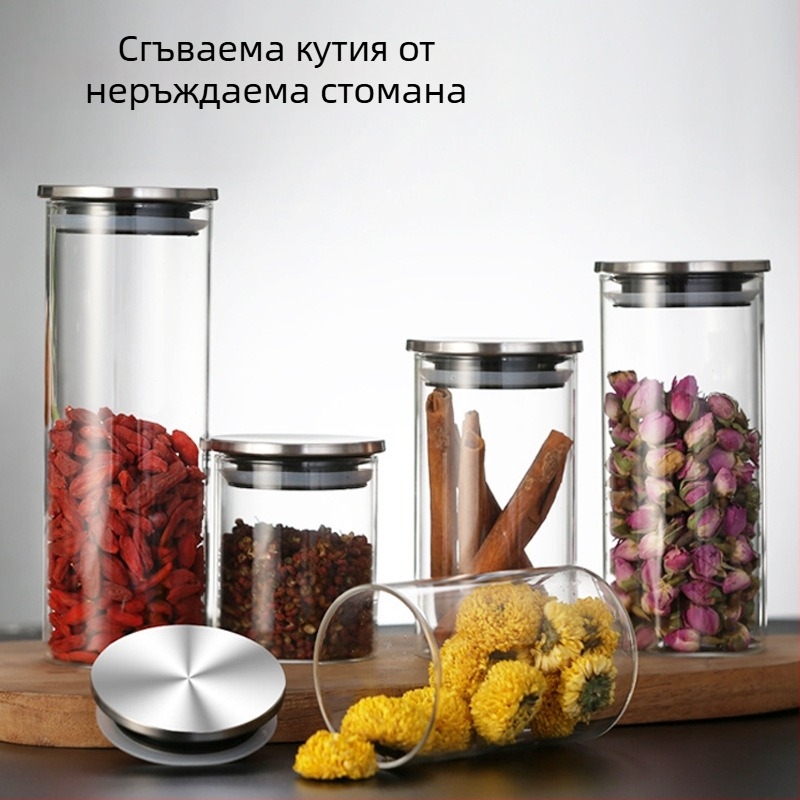 Стъклен буркан за съхранение с боросиликатно стъкло, капак от бамбук, прозрачен съд за чай в различни размери