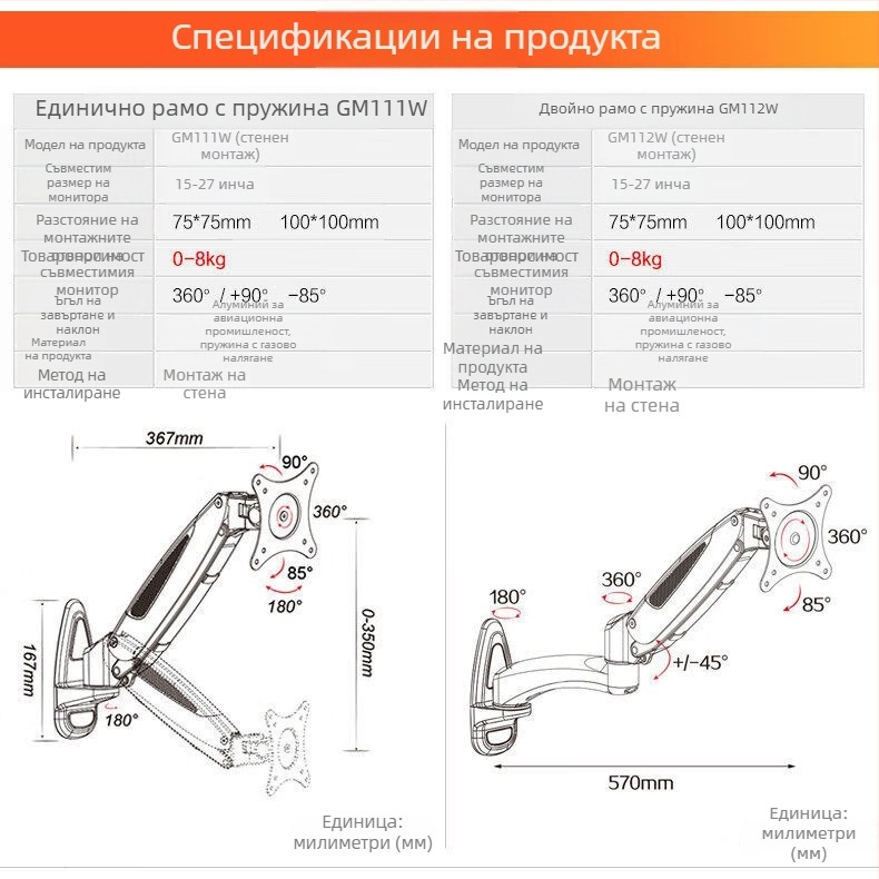 Gibbon GM111W 27-инчов стенен държач за монитор с пневматично повдигане, телескопично регулиране на височината и въртене