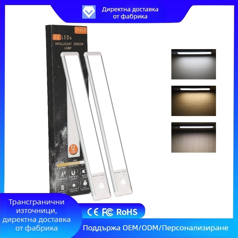 LED лента с датчик за движение, без монтаж, презареждаща се, за гардероб и шкафове, нощно осветление за коридор