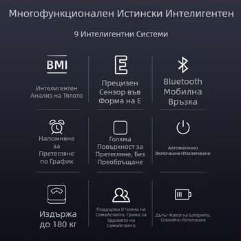 Умна везна за телесни мазнини с презареждаща се батерия, домашно ползване, стъклена повърхност, капацитет до 360 кг, 3-инчов LED дисплей