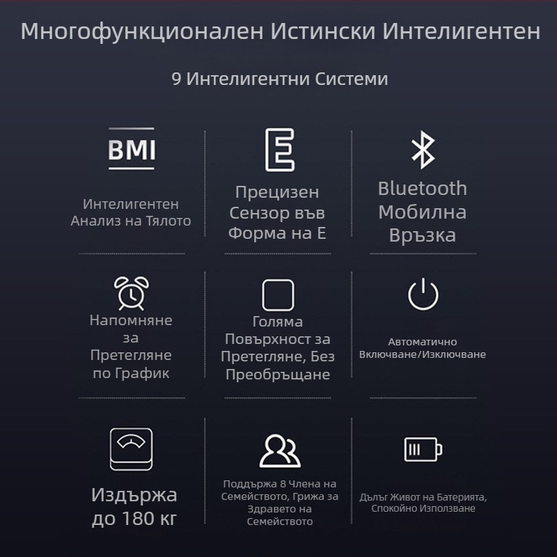 Умна везна за телесни мазнини с презареждаща се батерия, домашно ползване, стъклена повърхност, капацитет до 360 кг, 3-инчов LED дисплей