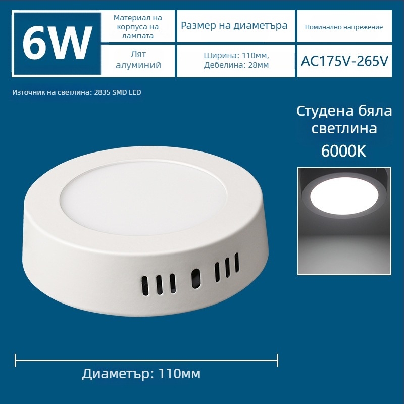 LED ултра тънък повърхностно монтиран панелен светодиод с вградена downlight, триецветно осветление за антре и коридор