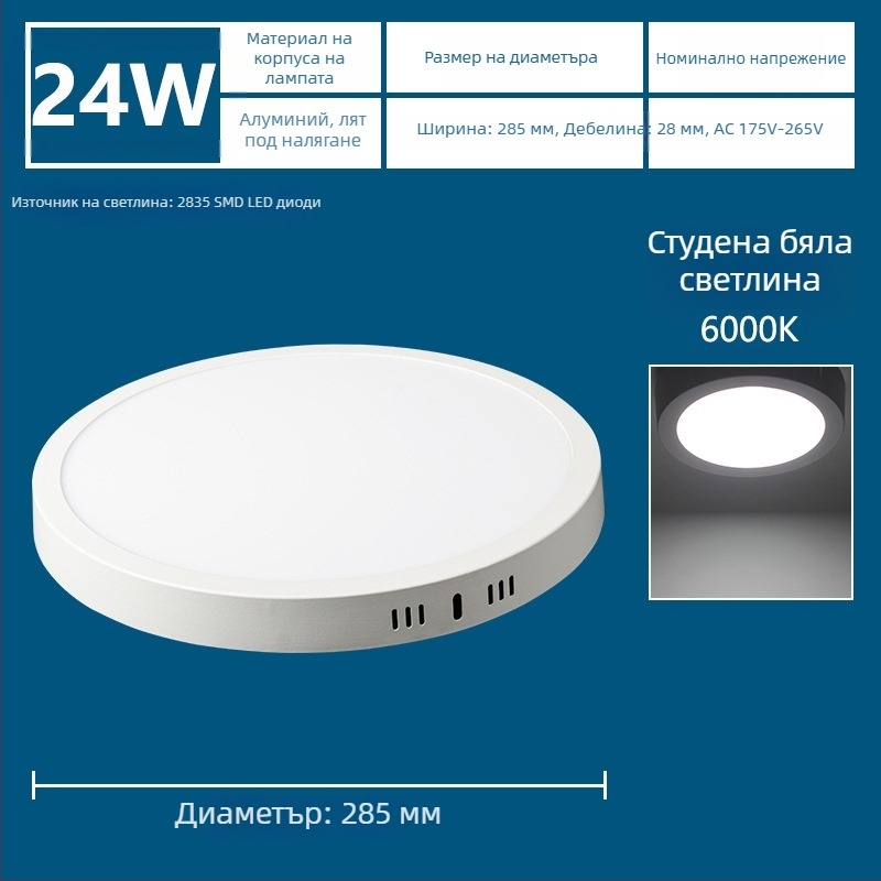 LED ултра тънък повърхностно монтиран панелен светодиод с вградена downlight, триецветно осветление за антре и коридор