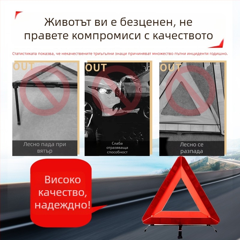 Автомобилен предупредителен триъгълник с рефлекторна стойка, сгъваем огнетушител и нощно светещ комплект за безопасност