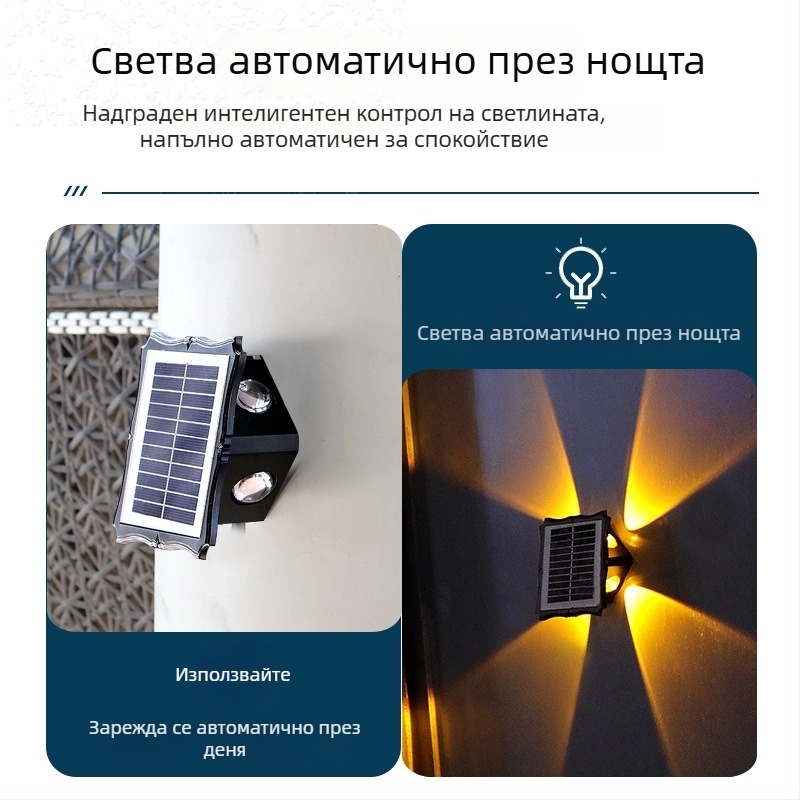 Слънчева външна стенна лампа, водоустойчива, амбиентно декоративно осветление за балкон, градина и ландшафт на вилата