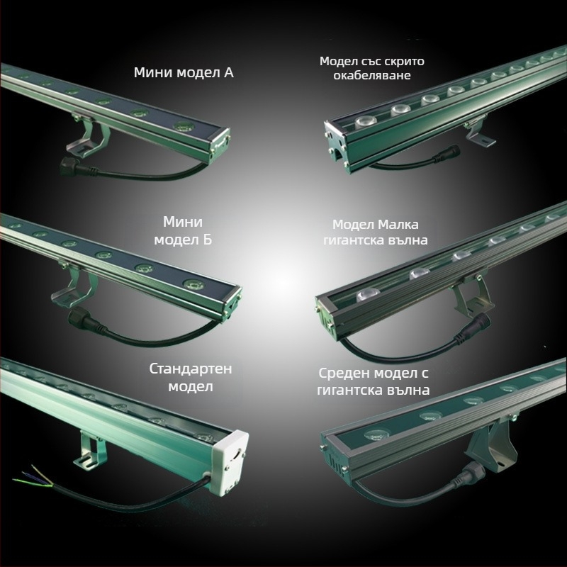 Външен LED стенен осветител за фасада, водоустойчив, 24V/220V, бял и топъл бял плюс цветни LED, с преграда и скрито окабеляване, двойно захранване, нощно сценично осветление