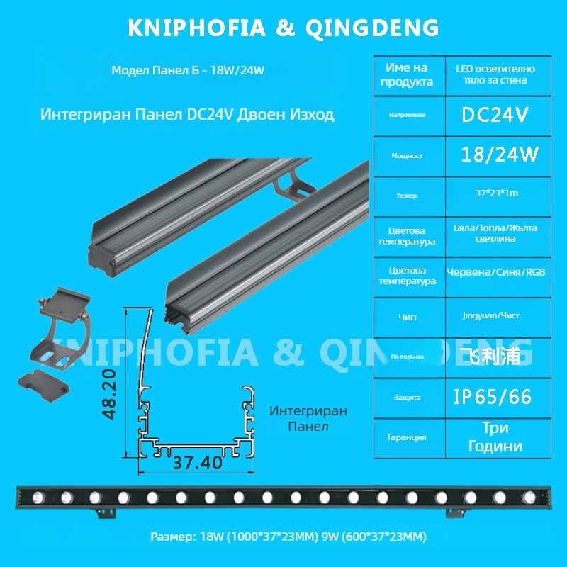 Външен LED стенен осветител за фасада, водоустойчив, 24V/220V, бял и топъл бял плюс цветни LED, с преграда и скрито окабеляване, двойно захранване, нощно сценично осветление