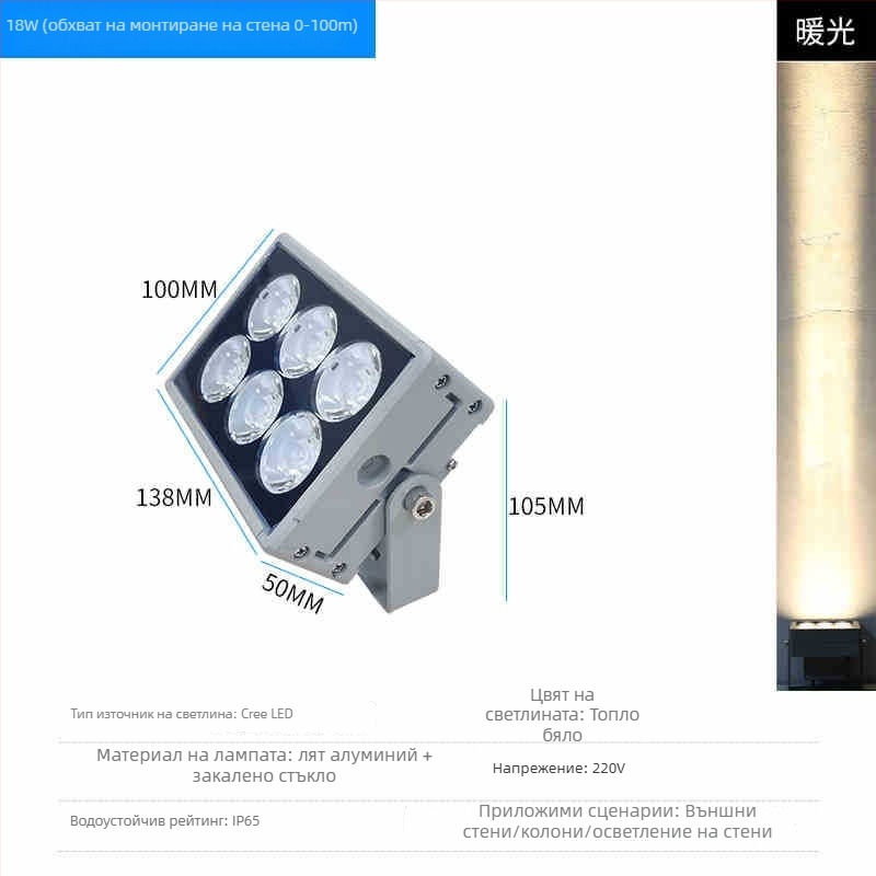 LED външен водоустойчив стенен прожектор IP65 за фасада и колони, суперярък