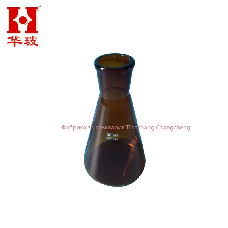 Кафява триъгълна колба от боросиликатно стъкло, обем 100 ml / 150 ml / 250 ml, устойчива на високи температури