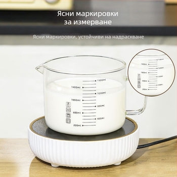 Стъклена мерителна чашка с градуировка, безопасна за храна, устойчива на високи температури, с капак, голям обем за печене