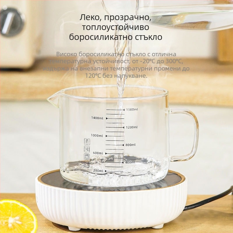 Стъклена мерителна чашка с градуировка, безопасна за храна, устойчива на високи температури, с капак, голям обем за печене