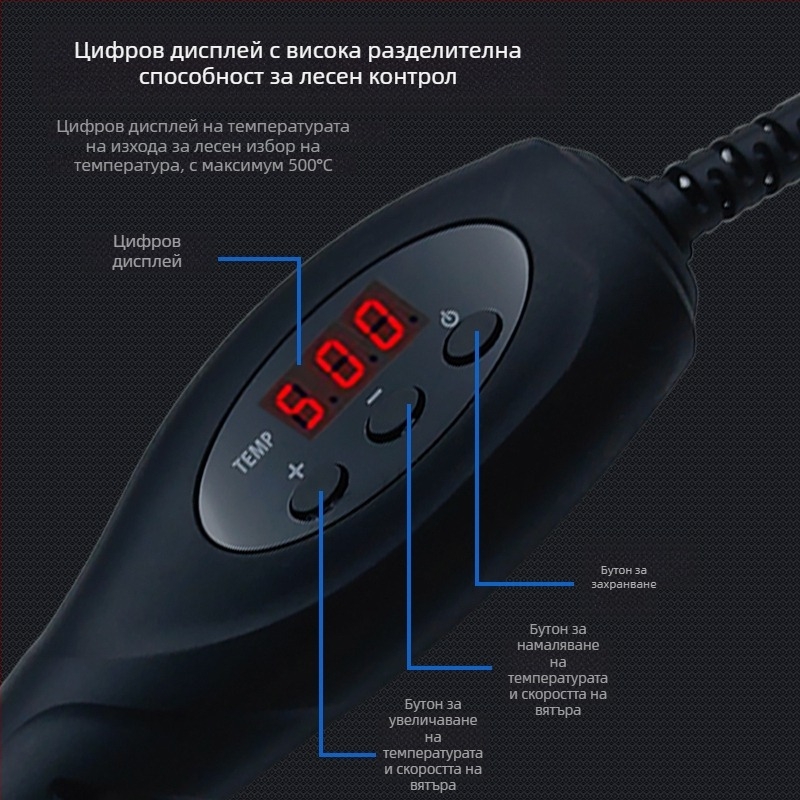 Ръчен преносим горещ въздушен пистолет с цифров дисплей, регулируема температура за електронен ремонт и демонтаж на чипове, 500W