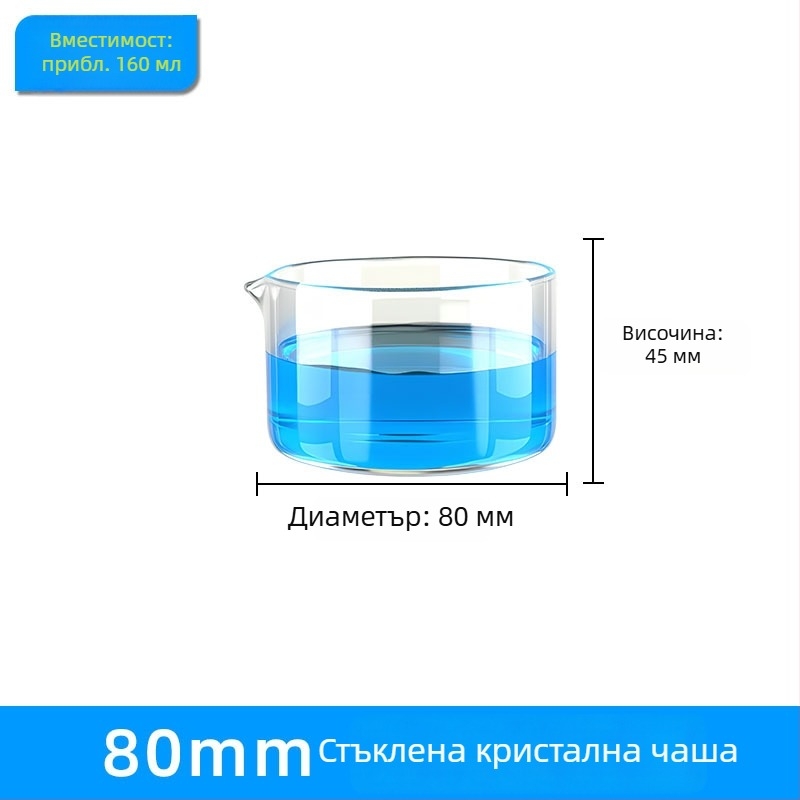 Стъклена кристализационна чиния, размери 60/70/80/100 мм, с удебелен ръб, кръгла, с плоско дъно, за биологични лаборатории.