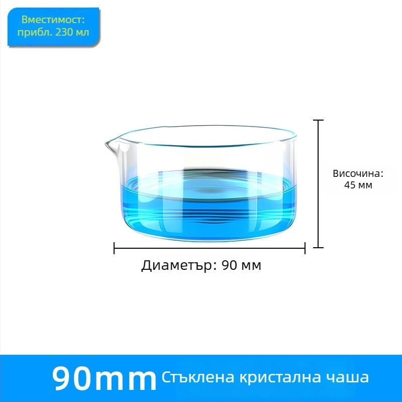 Стъклена кристализационна чиния, размери 60/70/80/100 мм, с удебелен ръб, кръгла, с плоско дъно, за биологични лаборатории.