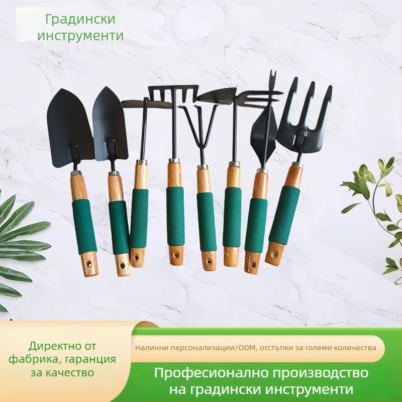 седемчастен комплект градински инструменти: лопата, гребло, саксии за растения и градинарски пособия за засаждане на зеленчуци
