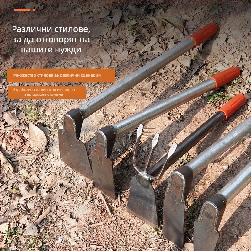 Инструменти за плевене и разрохване на почвата с къса стоманена дръжка; малки копачета в различни модели и двуфункционална лопатка за обработване на почвата