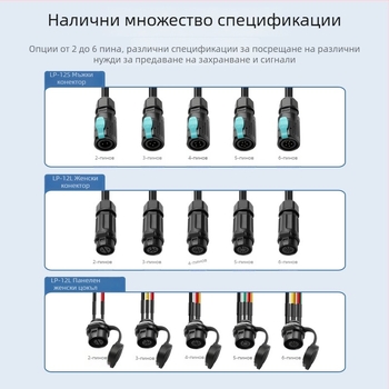 LP12 конектор, 2-6-жилен, прав щепсел, фланцов разъём за моторни системи и авиационна индустрия, LED осветление, IP68 водоустойчив захранващ кабел
