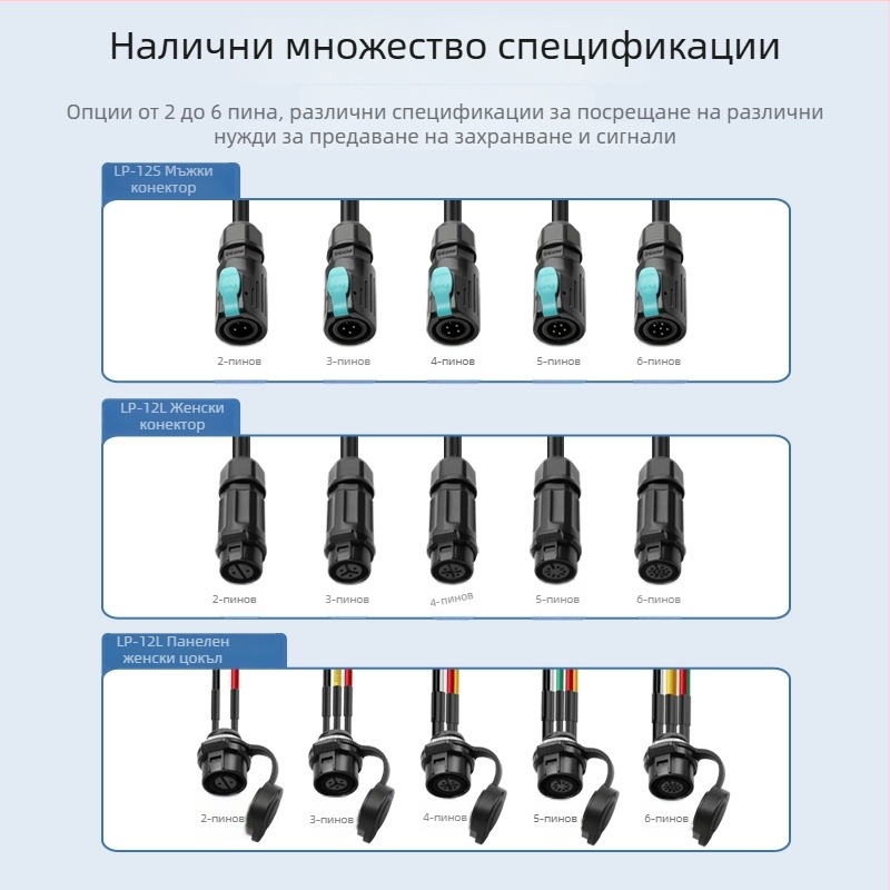 LP12 конектор, 2-6-жилен, прав щепсел, фланцов разъём за моторни системи и авиационна индустрия, LED осветление, IP68 водоустойчив захранващ кабел