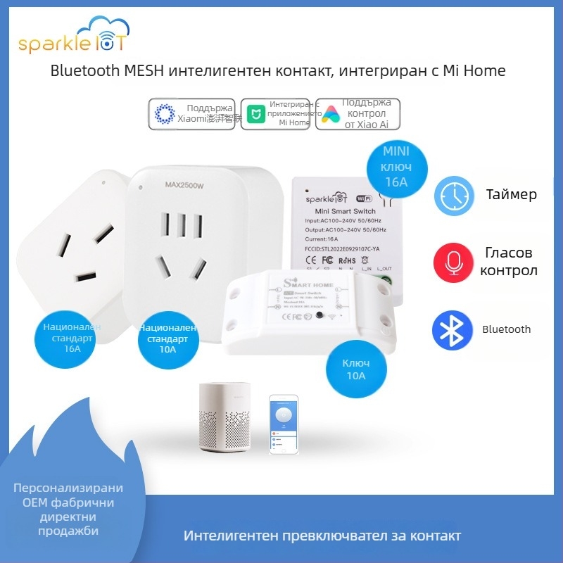 Умен изходен превключвател, свързан към Mi Home XiaoAi Bluetooth Mesh Gateway за управление на MIN 16A превключвател