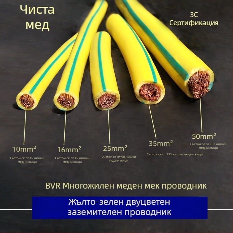 Жълто-зелен двуцветен заземителен проводник, 10/16/25/35/50/70/95/120 мм², мек BVR кабел