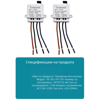 Безжичен интелигентен приемник-контролер с RF модул 433 MHz, 220V захранване за осветление, вентилатори и малки електроуреди