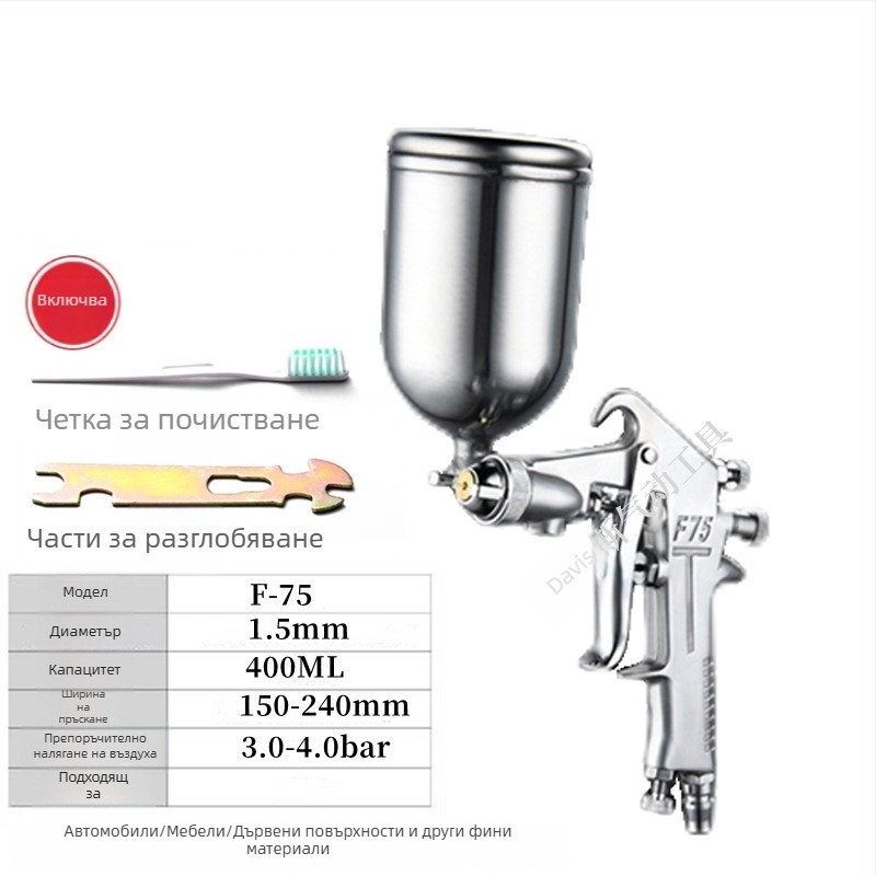 F75 Пистолет за боядисване с W71, пневматичен, горно и долно съдце, за мебели и автомобилни покрития, висока мъгливост, модел E18