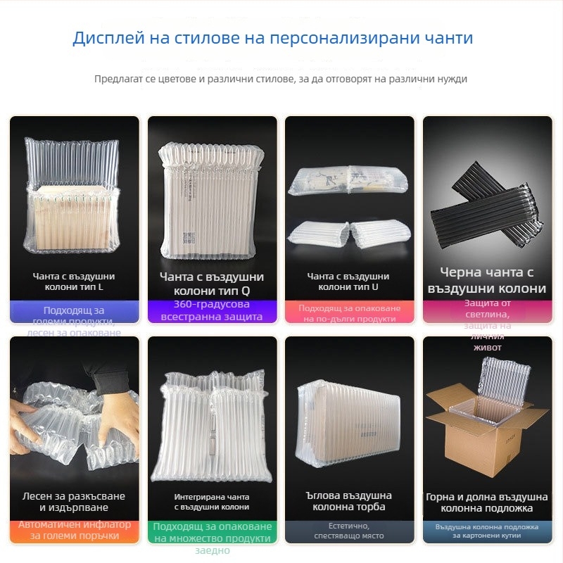 Торбичка с въздушна колона за защита на чупливи стоки: опаковка с въздушни колони за пране, растително масло и бутилки моторно масло