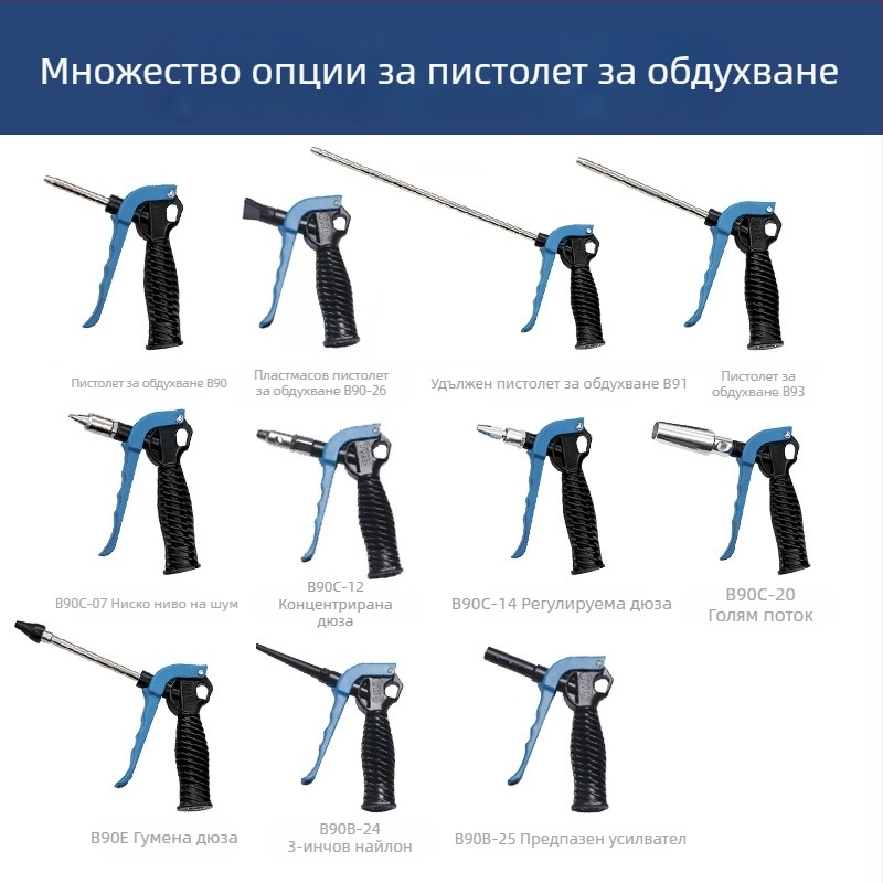 THB пневматично оръдие за духане на прах с голям поток, удължена пластмасова дръжка, метална конструкция, двупосочно почистване на прах