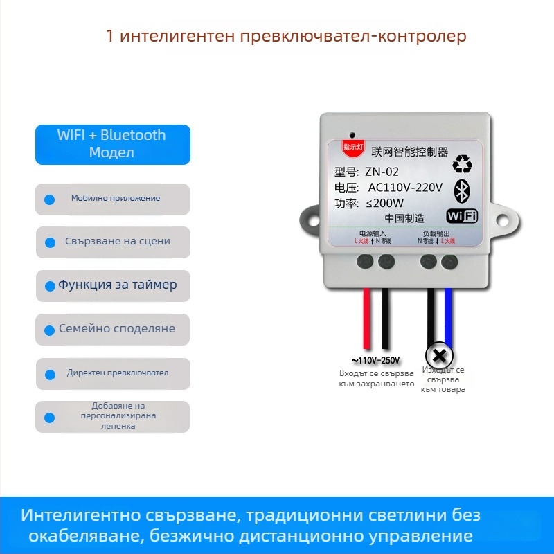 Интелигентен дистанционен превключвател с Wi‑Fi и Bluetooth, двоен режим, за лампи и вентилатори, управление през мобилно приложение