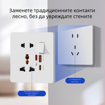 86-тип розетка със ключ, USB Type-C порт и бързо зареждане, скрит монтаж, петполюсна розетка