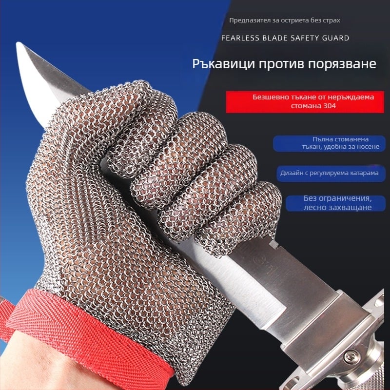 Неръждаеми стоманени ръкавици против порязване, пет пръста, метални пръстени, здрави и износоустойчиви, противохлъзгащи