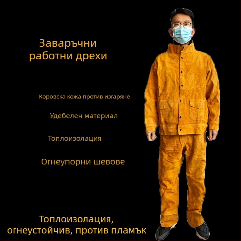 Жълти заваръчни гащеризони от кравешка кожа със термоизолация и защита срещу пръски