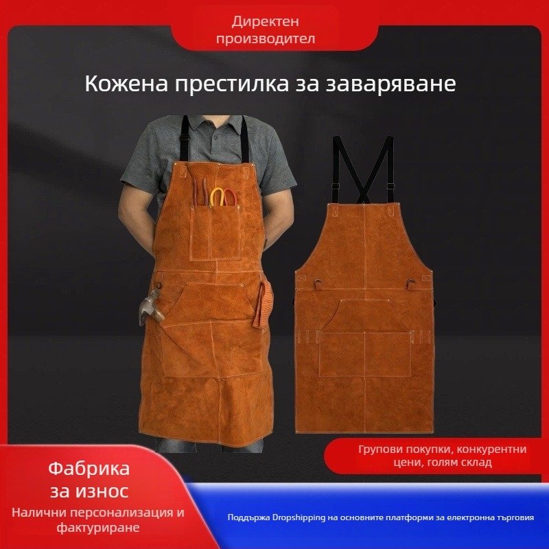 Заваръчен кожен фартук с кожени ръкави и предпазители за крака, огнеустойчив и против искри