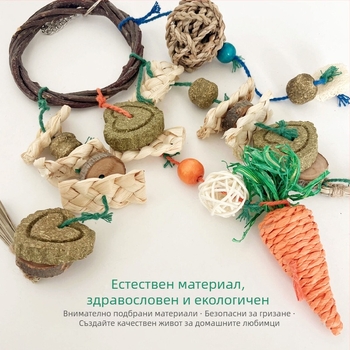 Естествена играчка за хамстери: комплект от ябълково клонче, сплетен кръг, тревна торта, тревна топка, царевични кори и лофа за дъвчене