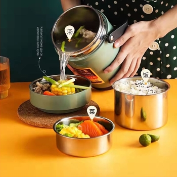 Вакуумна изолационна кутия за хранене с дръжка, обедна кутия от неръждаема стомана 304, голям капацитет, многослойна, за възрастни и студенти