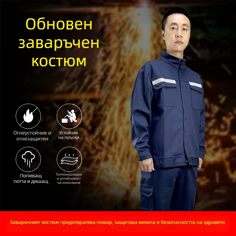 Дебел памучен костюм за заварчици с огнеустойчивост и топлоизолация, защита от изгаряния, с светлоотразителни ленти