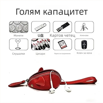 Ретро PU кожено монетник с форма на мишка, цип и голям капацитет, съхранение за червило и слушалки