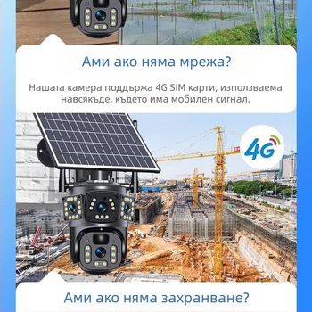 Слънчева 4G панорамна интелигентна камера с двойна леща, ниска консумация на енергия, двупосочно аудио, външен монитор за наблюдение.