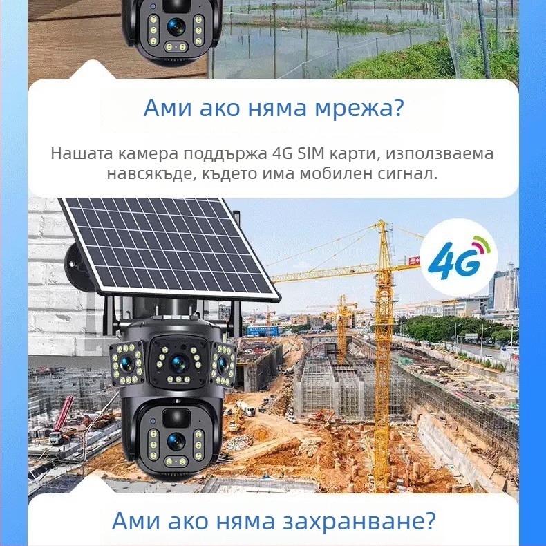 Слънчева 4G панорамна интелигентна камера с двойна леща, ниска консумация на енергия, двупосочно аудио, външен монитор за наблюдение.