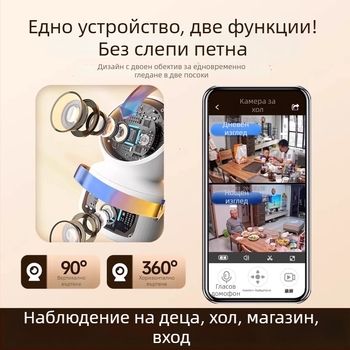 Вътрешна камера за видеонаблюдение с двойна леща, 360° въртене и интерком