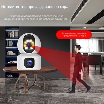 Вътрешна камера за видеонаблюдение с двойна леща, 360° въртене и интерком