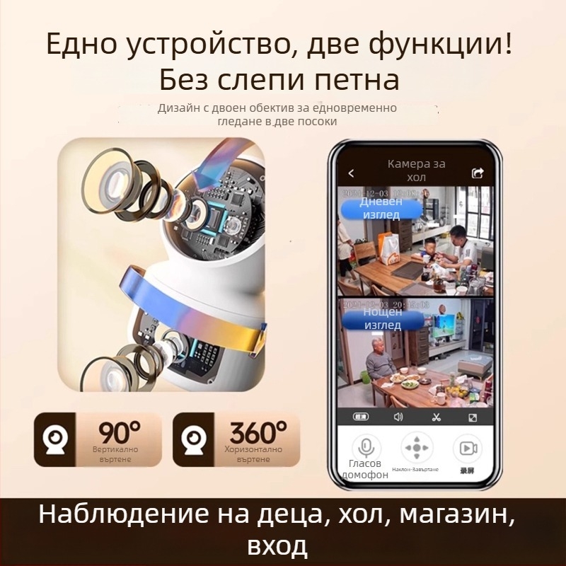 Вътрешна камера за видеонаблюдение с двойна леща, 360° въртене и интерком