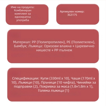 Еднократен пластмасов комплект съдове за хранене: купа, клечки за хранене, чаша и чиния за къмпинг
